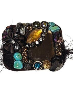 Handcrafted Statement Brooch Pin Turquoise Rhinestones Gemstones Feathers Women